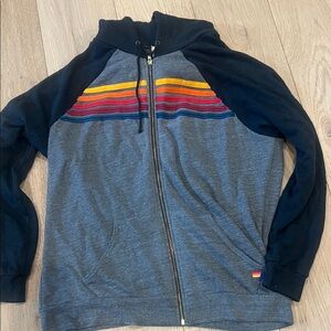 Aviator Nation Gray Hoodie with Rainbow Stripes across front